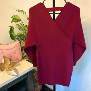 Knit Mini Dress with Ballooned Sleeves Burgundy - Large/X Large